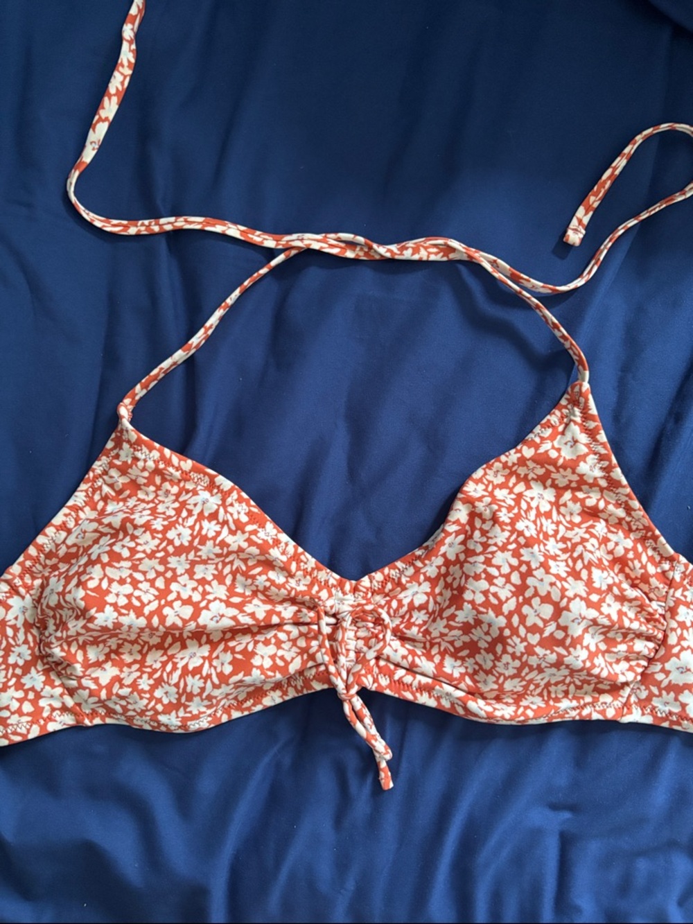 Floral Tie-Front Bikini Top in Coral and White